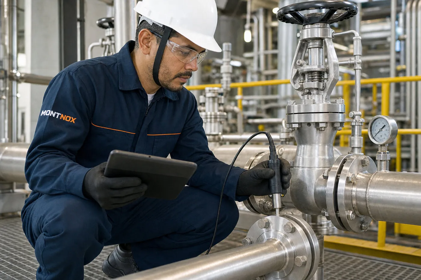 Técnico realizando inspeção em equipamento industrial