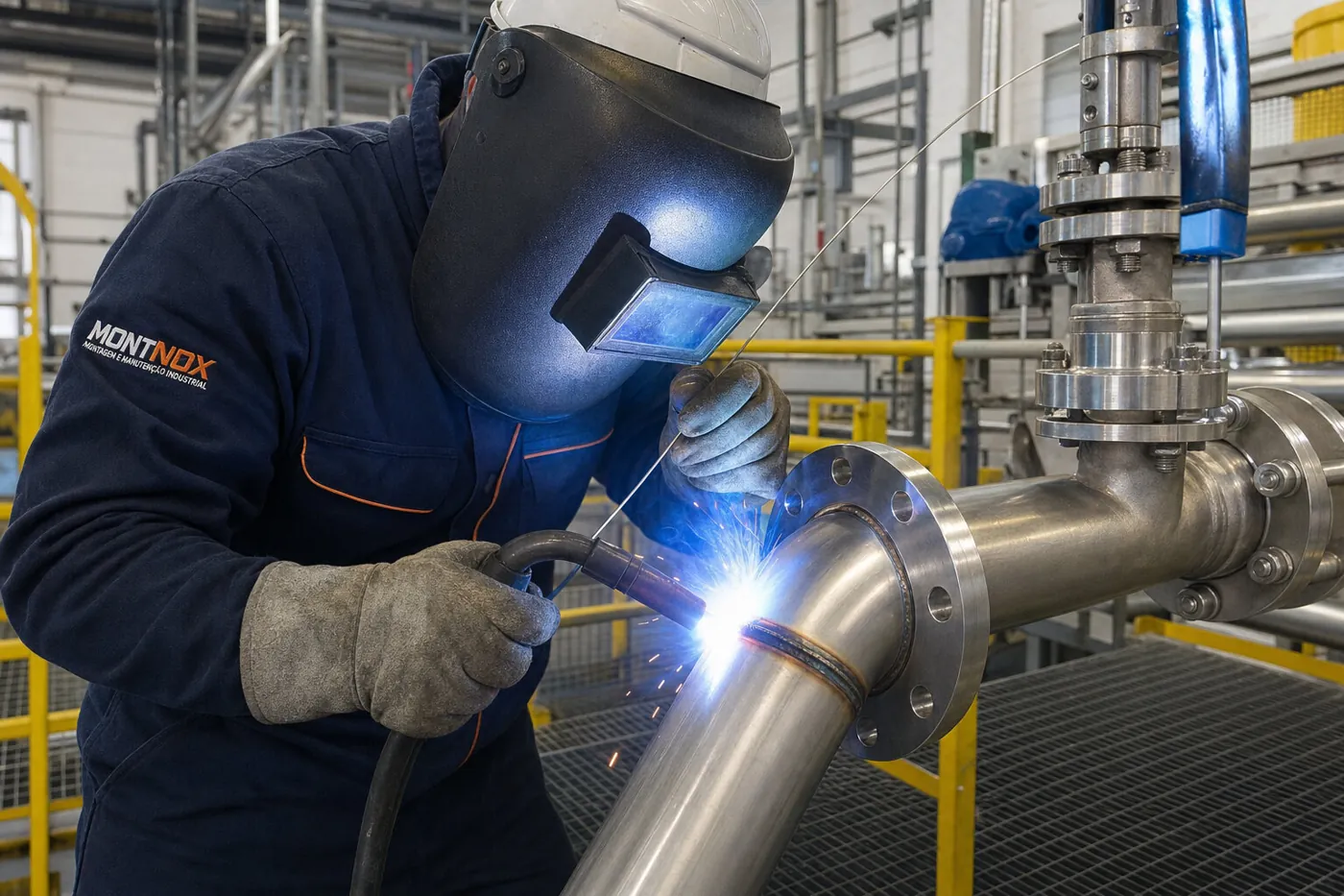 Profissional executando soldagem em tubulação industrial